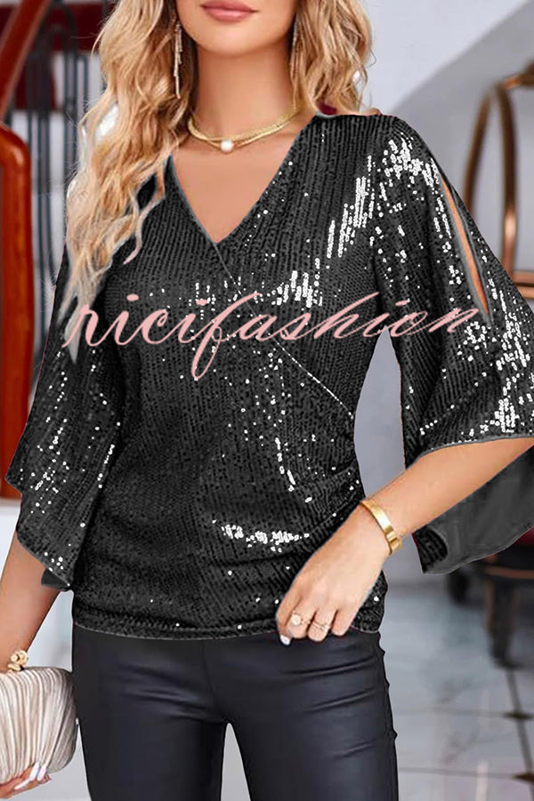 Solid Color Sequined V-neck Hollow Sleeve Slim Fit Top