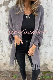 Warm Corner Knit Plush Tassel Trim Relaxed Shawl Cardigan