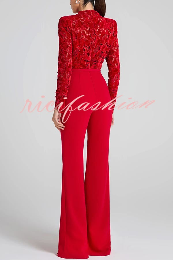 Eleanor Embroidered Floral Lace Long Sleeve Patchwork Belt Flare Jumpsuit