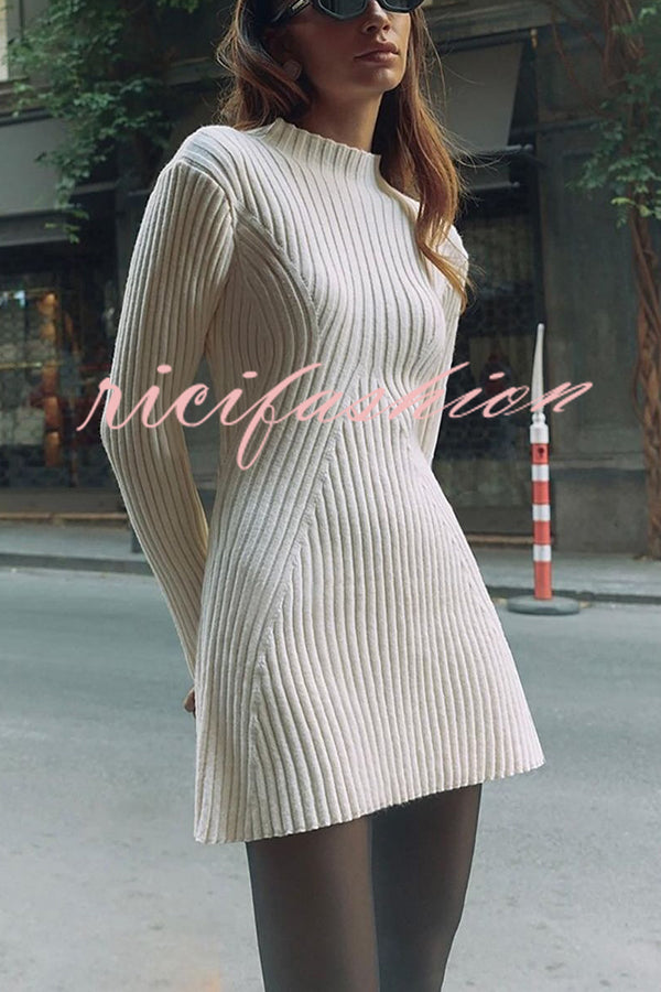 Beautiful Basic Ribbed Knit Long Slit Sleeve Flare Stretch Dress