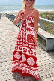 Beautiful Shell Unique Print Front Lace-up Loose  Maxi Dress