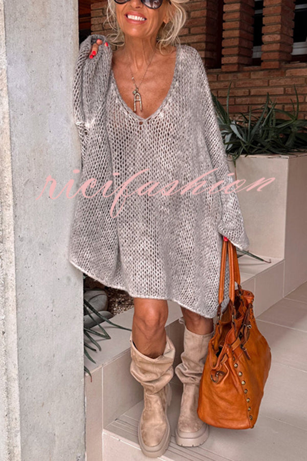 Fashionable Solid Color V-neck Loose Knitted Sweater