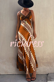 Always Falling Satin Ethnic Print Smocked Back Midi Dress