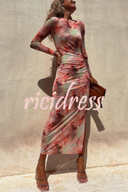 Charm Lady Mesh Overlay Tie Dye Print Long Sleeve Ruched Stretch Midi Dress