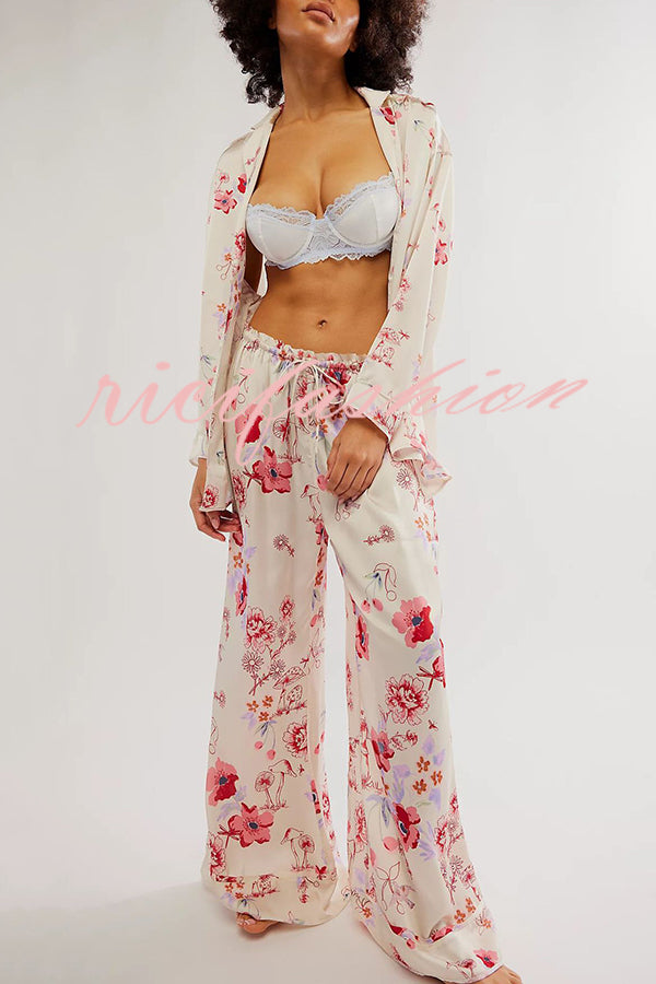 Unique Printed Lounge Long-sleeved Shirt and Elastic Waisted Baggy Pants Set