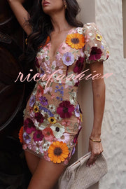 Garden Gala Embroidered Floral Applique Puff Sleeve Mini Dress