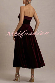 Center of Attention Velvet Satin Neck Bandeau Pleated Midi Dress