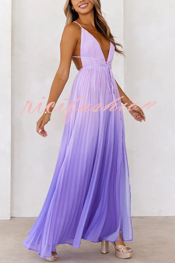 Love Letter To You Pleated Gradient Print Back Tie-up Slit Maxi Dress