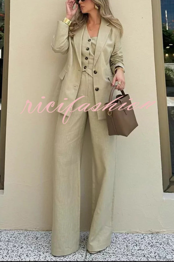 Solid Color Lapel Blazer + Slim Waistcoat and Pocket Wide-leg Pants Three-piece Set