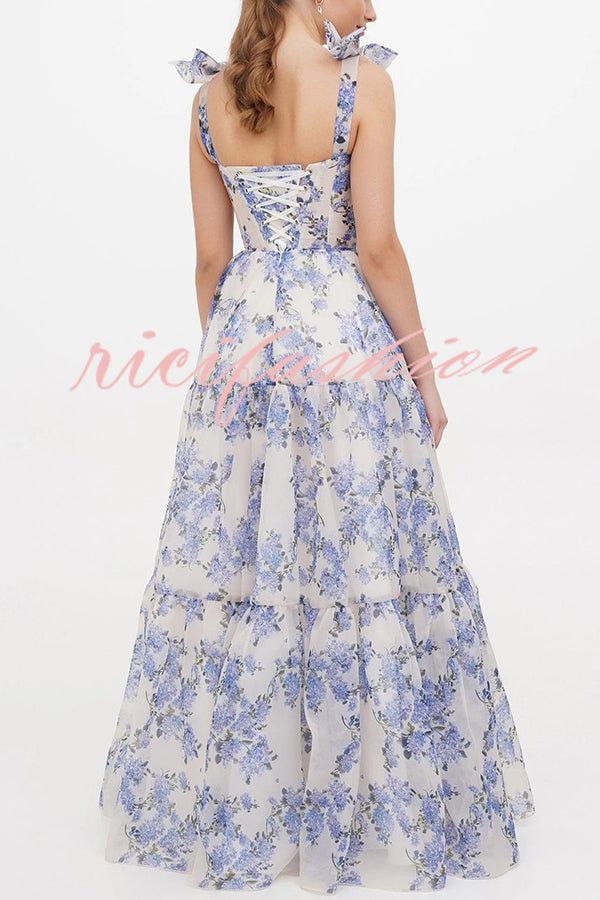 Fairytale Itself Organza Floral Print Tie Strap Maxi Dress