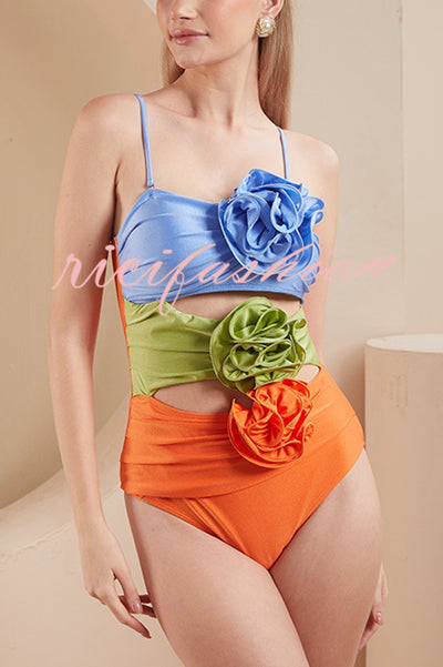 Fashionable Color-blocked Floral Decoration Hollow Stretch One-piece Swimsuit