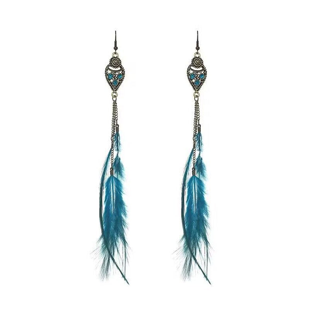 Vintage chain tassel bohemian feather earrings