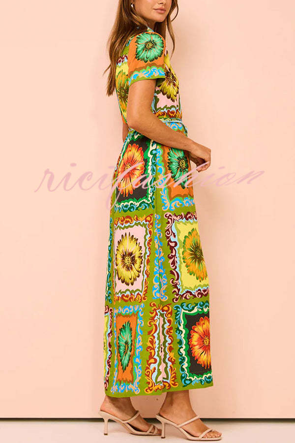 Exaggerated Unique Print Lace Up Button Maxi Dress