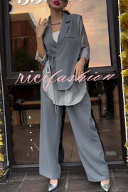 Chic and Elegant Chiffon Patchwork Irregular Lace-up Jacket and Pocketed Straight-leg Pants Set