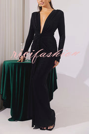 Solid Color Shiny Sexy V-neck Long Sleeve Ribbon Slit Slim Fit Maxi Dress