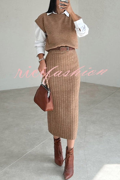 Triko Knit Short Sleeve Sweater and Stretch Ribbed Midi Skirt Set