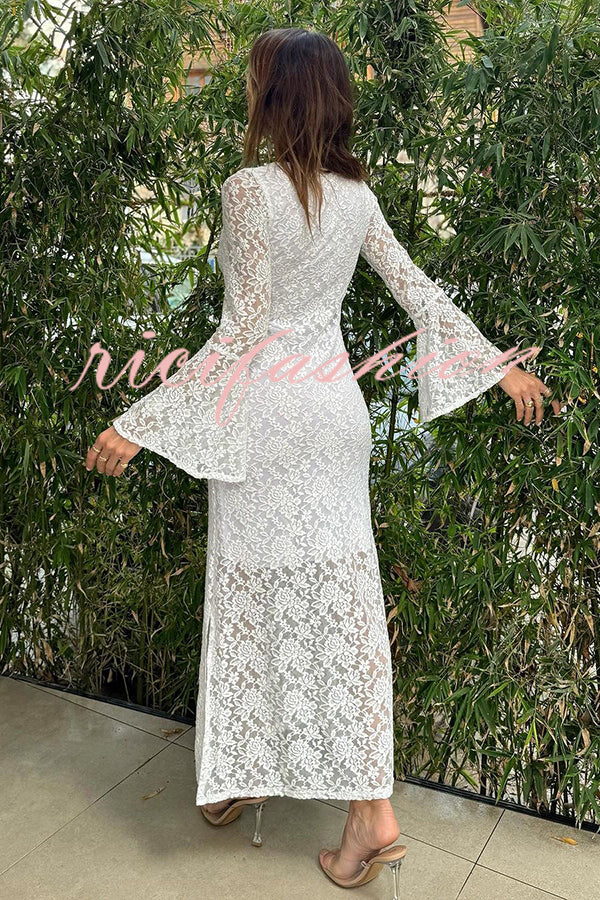 Luxe Lifestyle Lace Square Neck Bell Sleeve Lined Slit Midi Dress