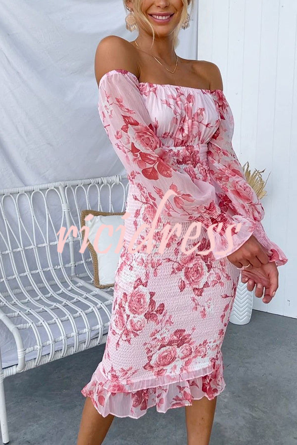 Shine Bright Floral Off Shoulder Smocked Waist Midi Dress