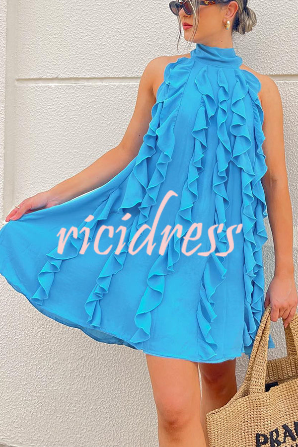 Oh So Sweet Chiffon High Neck Ruffle Pleated A-line Mini Dress