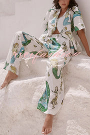 Linen-blend Mermaid-print Shirt Top and Elastic-waisted Loose Pants Set