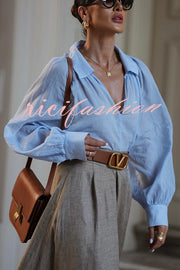 All Round Comfort Linen Blend V-neck Balloon Sleeve Loose Blouse