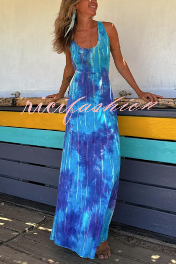 La Bamba Tie-dye Print Back Lace-up Stretch Maxi Dress