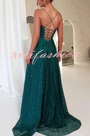 Cinderella Glitter Tulle Fabric Cowl Neck Back Lace-up Pocketed Slit Maxi Dress