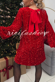 Velvet Sequin Back Bow Bell Sleeves Loose Mini Dress