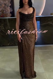 Glitzy Gala Glitter Fabric One Shoulder Ruched Slit Maxi Dress