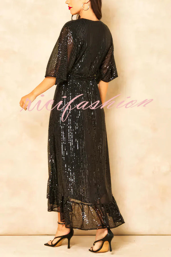 Solid Color Sequined V-neck Waist Tie Loose Maxi Dress