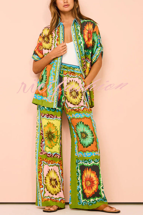 Disco Daisy Unique Printed Colorblock Elastic Waist Pocket Pants Set