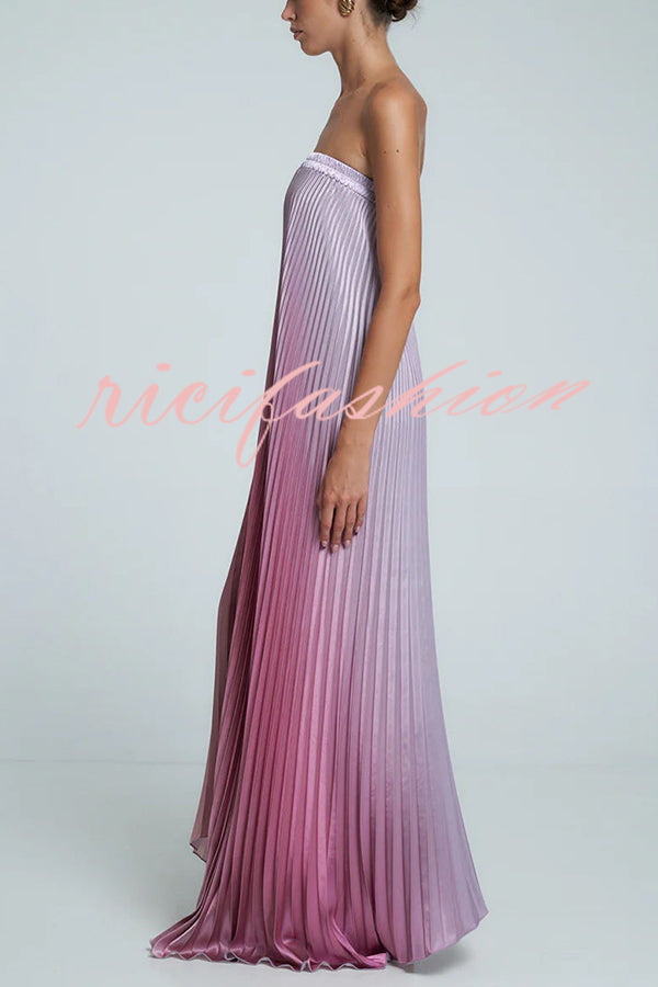 Gorgeous Styling Satin Pleated Elastic Bust Strapless A-line Gown Maxi Dress