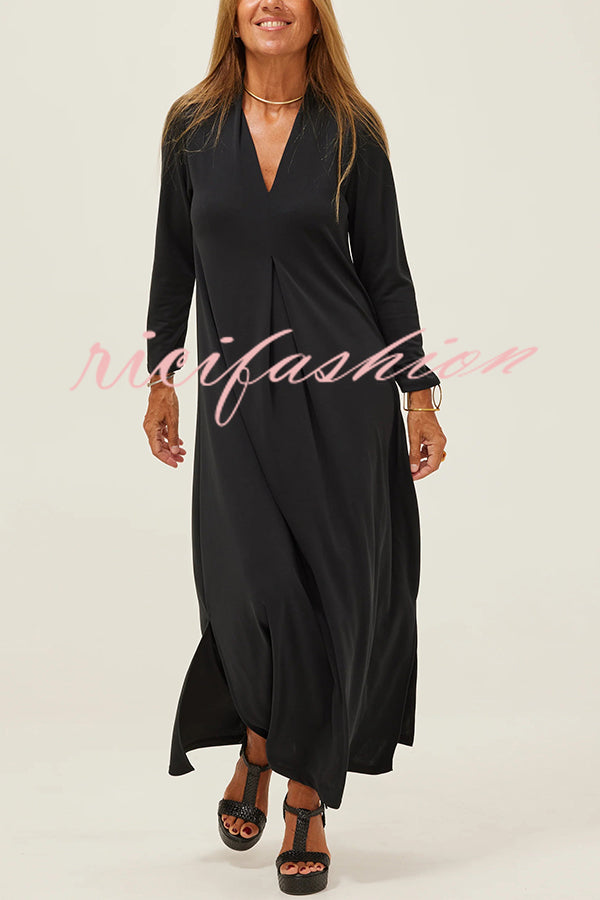 Solid Color V-neck Casual Slit Maxi Dress