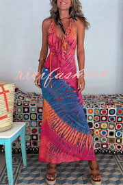 Tarik Tie-dye Print Ruffle Neck Halter Lace-up Backless Stretch Maxi Dress