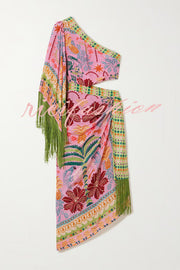 Fruits Queen Unique Print One Shoulder Fringe Detail Scarf Midi Dress