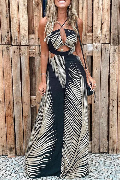 Tropical Palm Leaf Print Cutout Wide Leg Jumpsuit