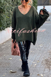 Fashionable Patchwork V-neck Long-sleeved Knitted Sweater