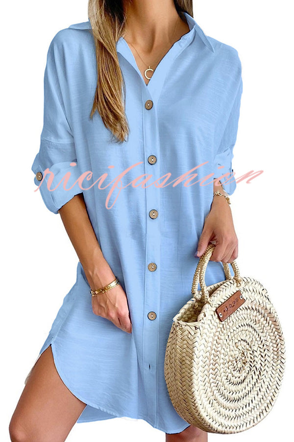 Solid Color Casual Button-Down Shirt Style Mini Dress