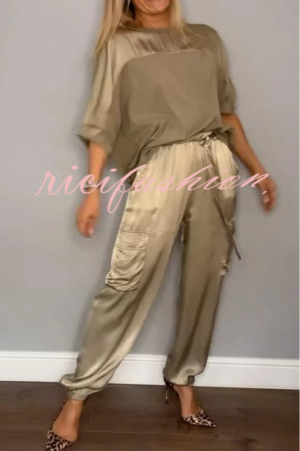 Calissa Smooth Satin Half-sleeved Top and Elastic Waist Pocket Pants Set