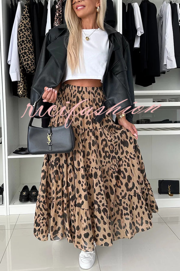 Unique and Comfortable Leopard Print Elastic Waist A-line Layered Maxi Skirt