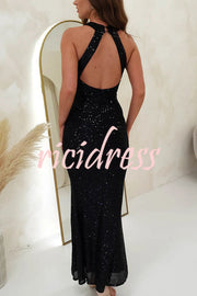 Time To Sparkle Sequin Cross Halter Neck Backless Maxi Dress