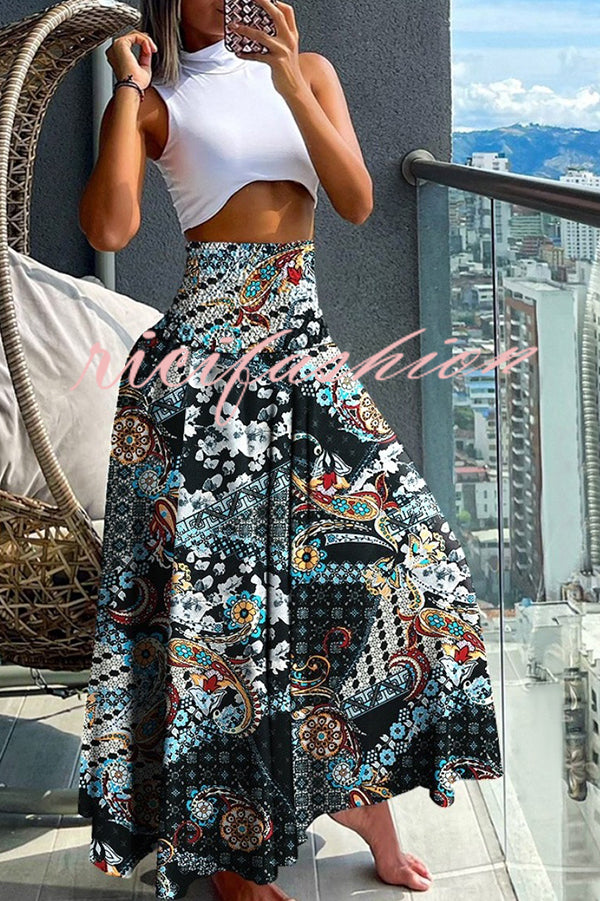 Unique Printed Pleated Elastic Waist Holiday Casual Maxi Skirt