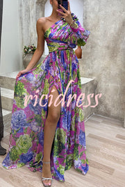 Let's Elope Floral Print Pleated One Shoulder Sleeve Slit Maxi Dress