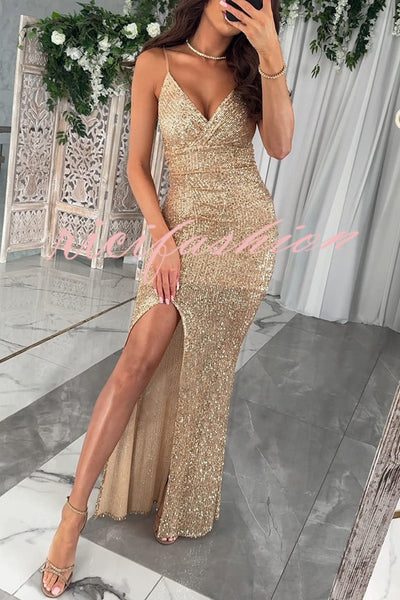 Look At The Bright Sequin V-neck Strap Slit Stretch Maxi Dress