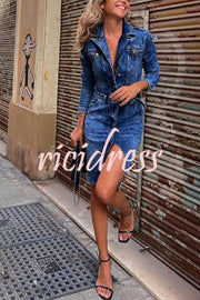 Autumn Treasure Washed Denim Button Up Pocketed Shirt Mini Dress