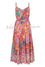 Painter's Garden Boho Floral Print Strappy A-line Maxi Dress