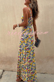 Flora Watercolor Print Crossover Neck Wide Straps Stretch Maxi Dress