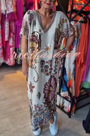 Fashion Printed V-neck Short-sleeved Casual Loose Maxi Dress