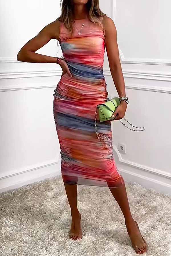 Locking Eyes Mesh Tie-dye Print Ruched Midi Dress