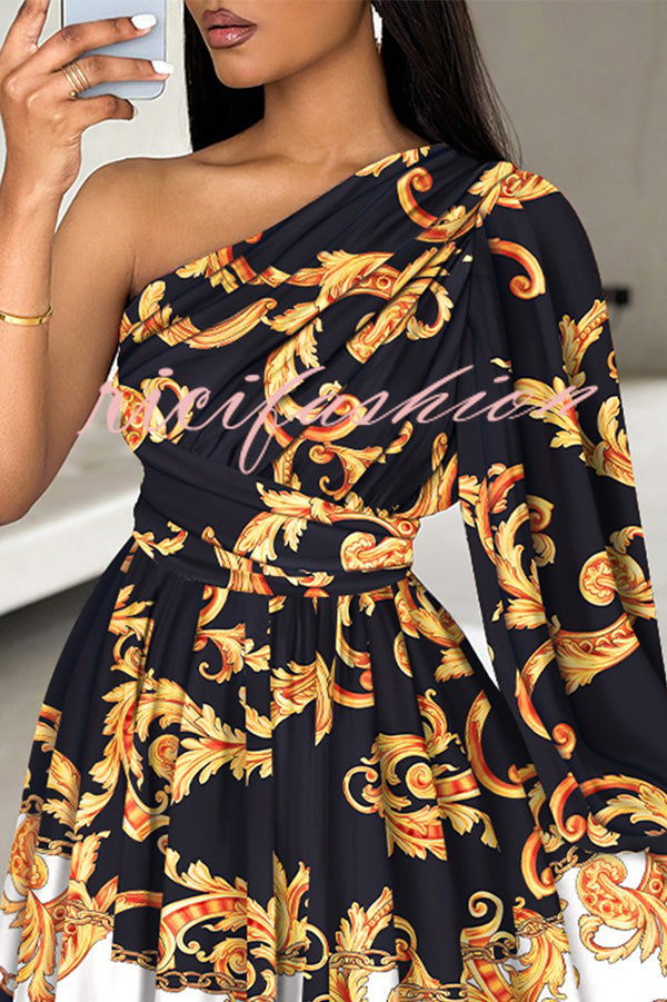 Stylish Printed One Shoulder Tighten Waist Mini Dress